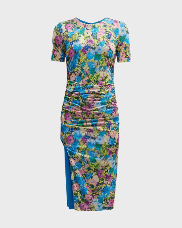 Delina Ruched Floral-Print Sheath Midi Dress